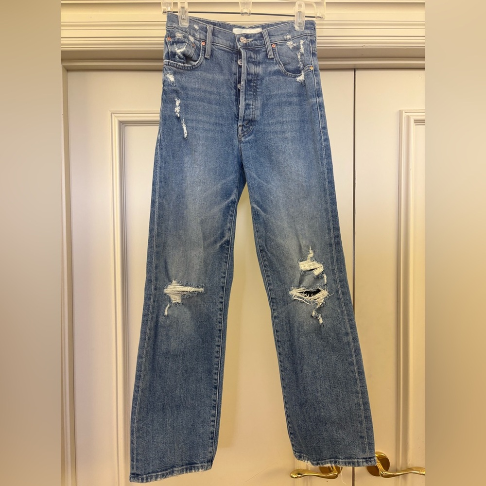 MOTHER Light Blue Ripped Cropped Straight Jeans - Picture 3 of 8